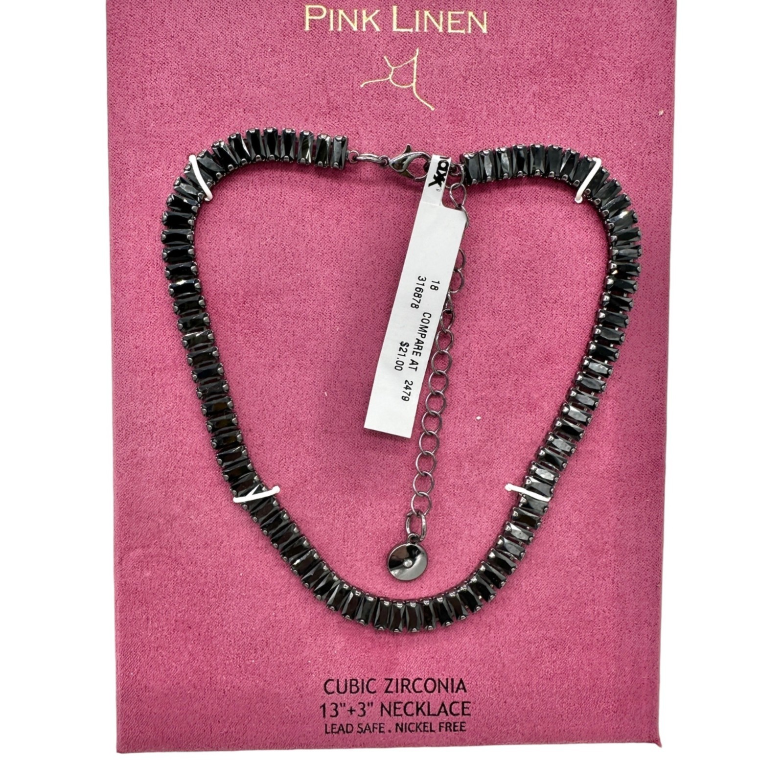 Pink Linen Necklace Black Cubic Zirconia Adjustable Lead Safe Nickel Free in Box