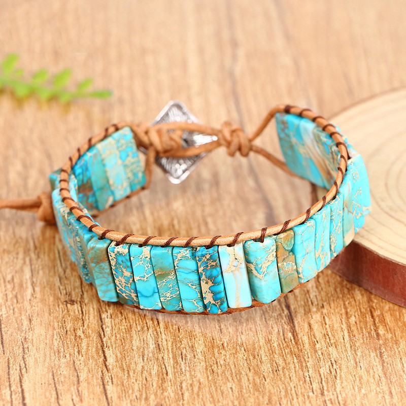 Natural Blue Turquoise Tube Stone Bracelet Leather Braided Healing Copper Wrap