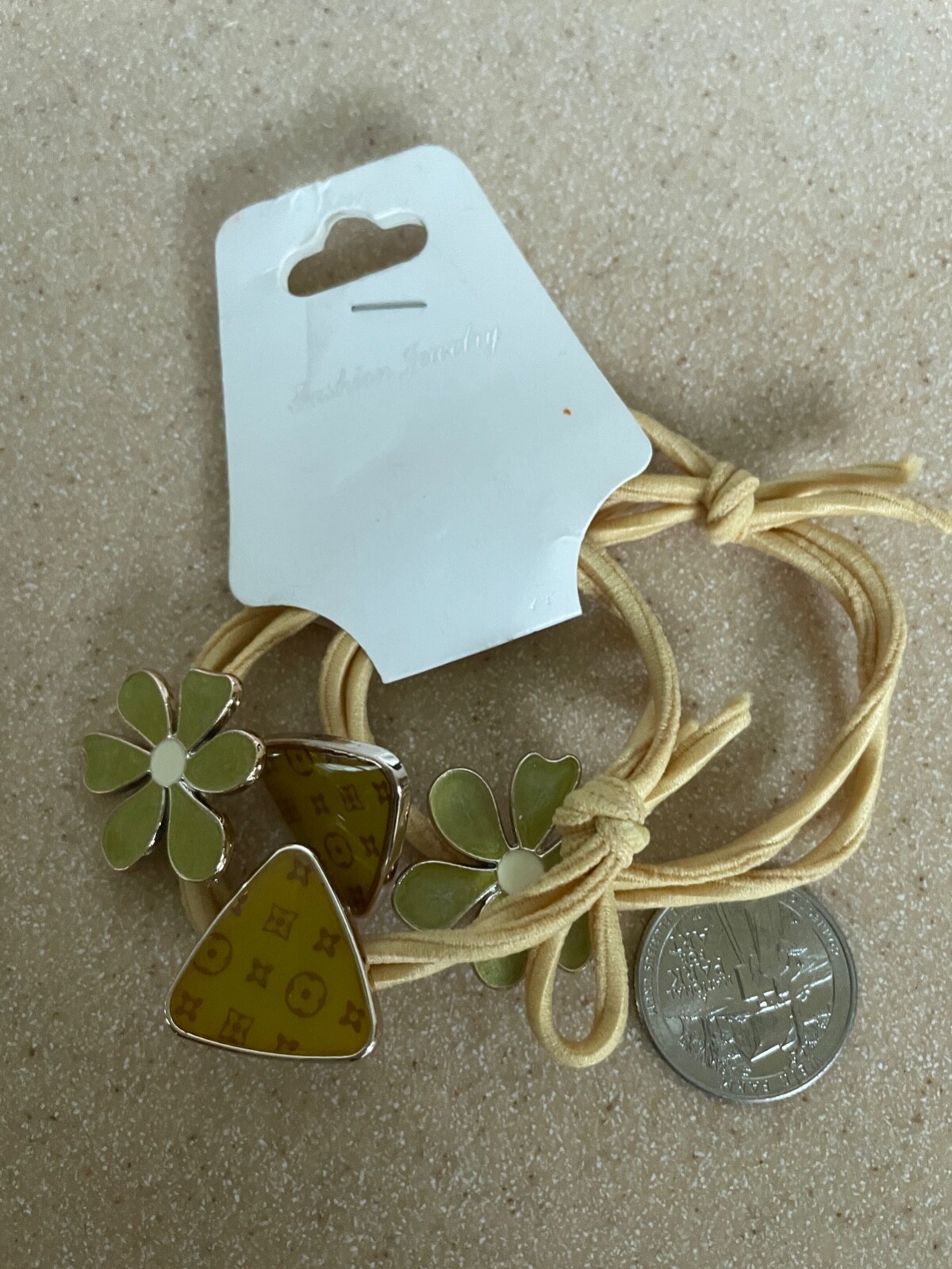 NWT LOT of 2 stretch bracelets Enamel Flower Triangle Green Yellow Cord ME55
