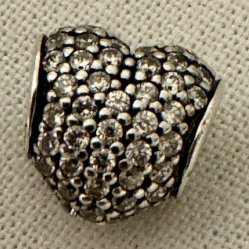 PANDORA Silver Heart Bead Charm Round White/Colorless CZ Pavé Signed Love