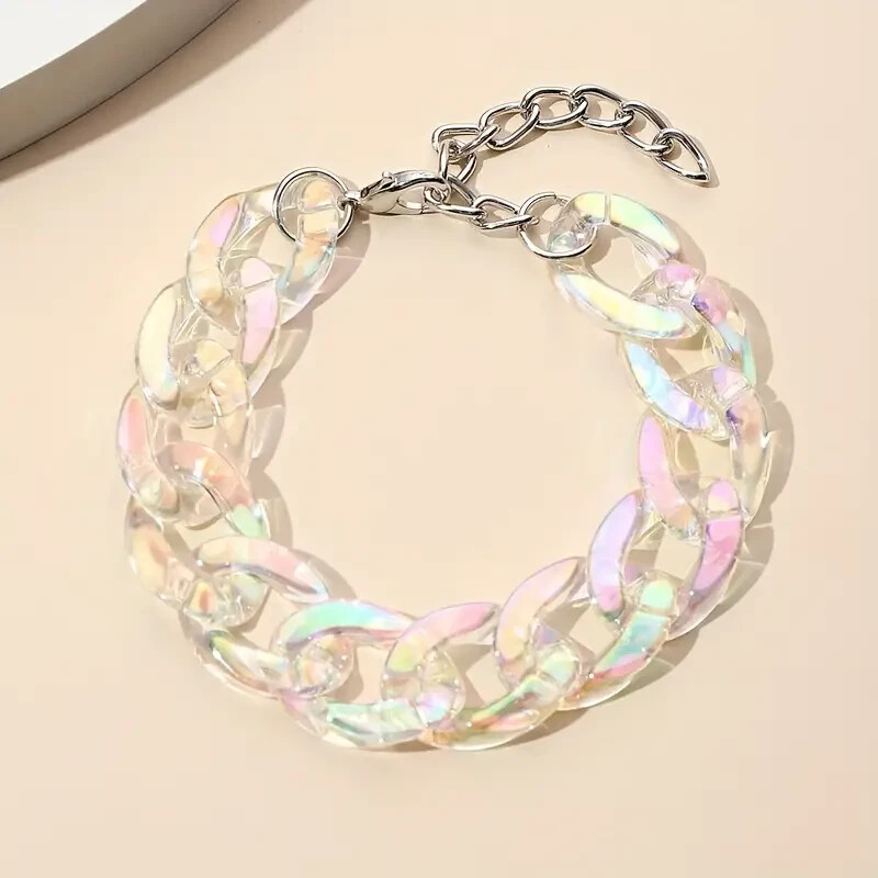 Acrylic Chain Link Clear Iridescent Bracelet Silver Accents NEW