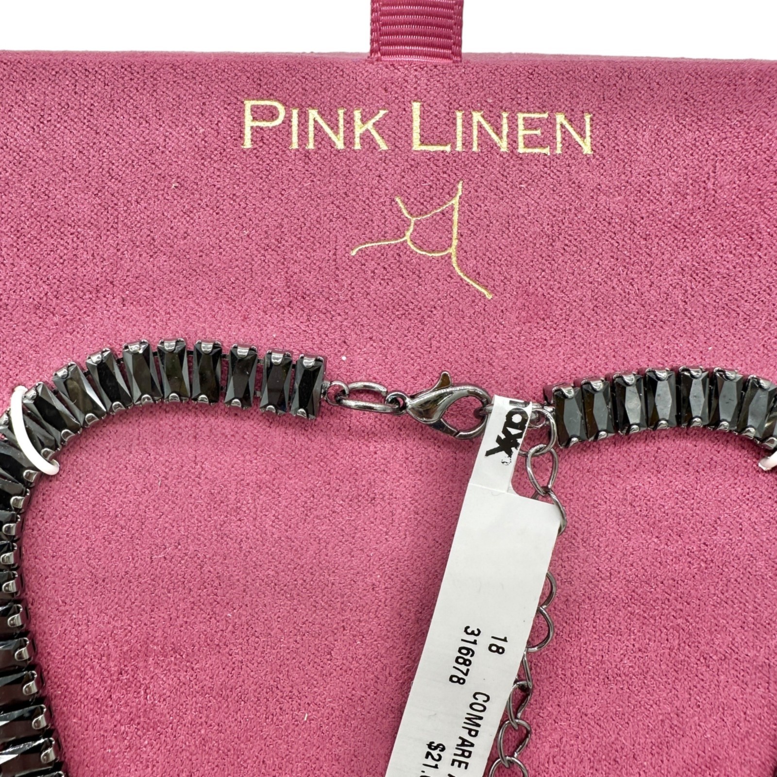 Pink Linen Necklace Black Cubic Zirconia Adjustable Lead Safe Nickel Free in Box