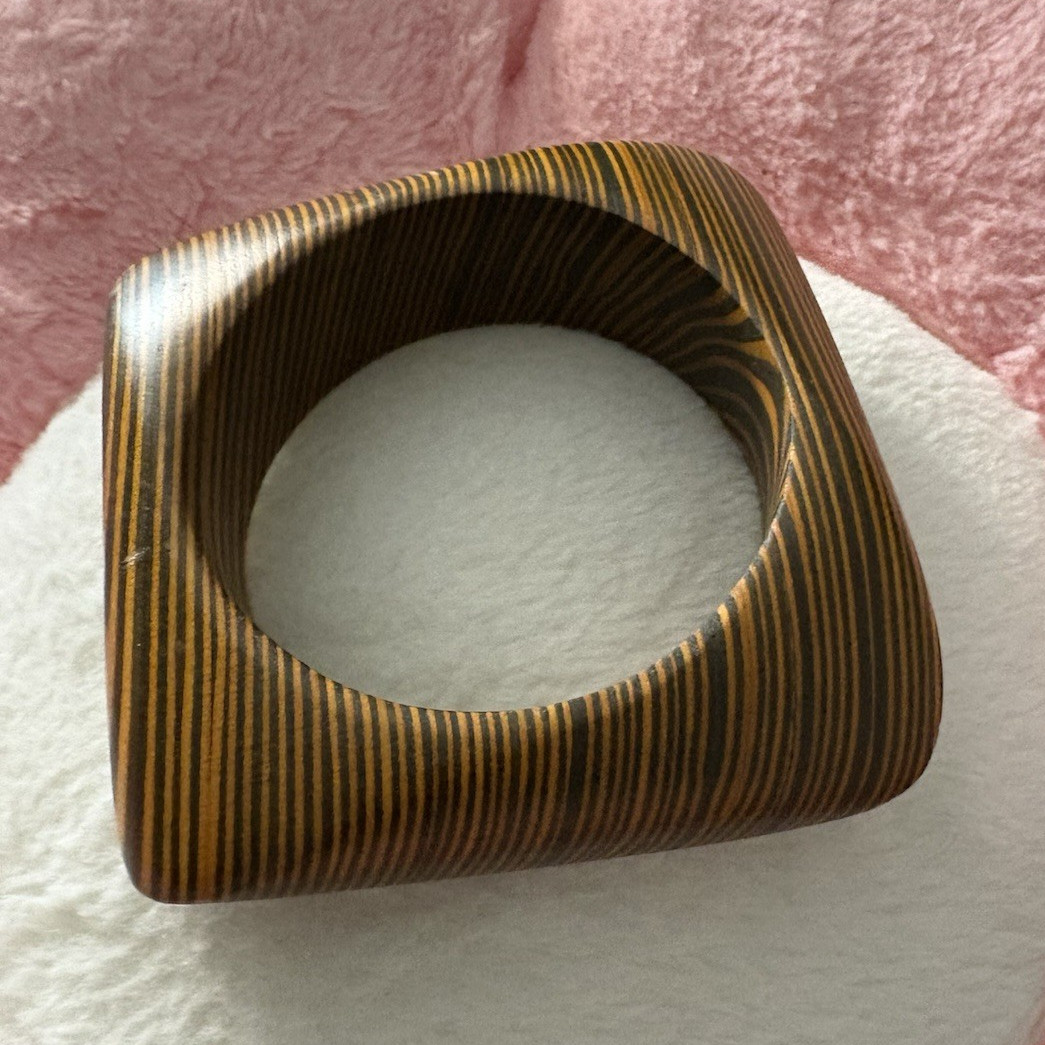 Brown Black Striped Wood Grain Geometric Wide Cuff Bangle Bracelet, No Stone