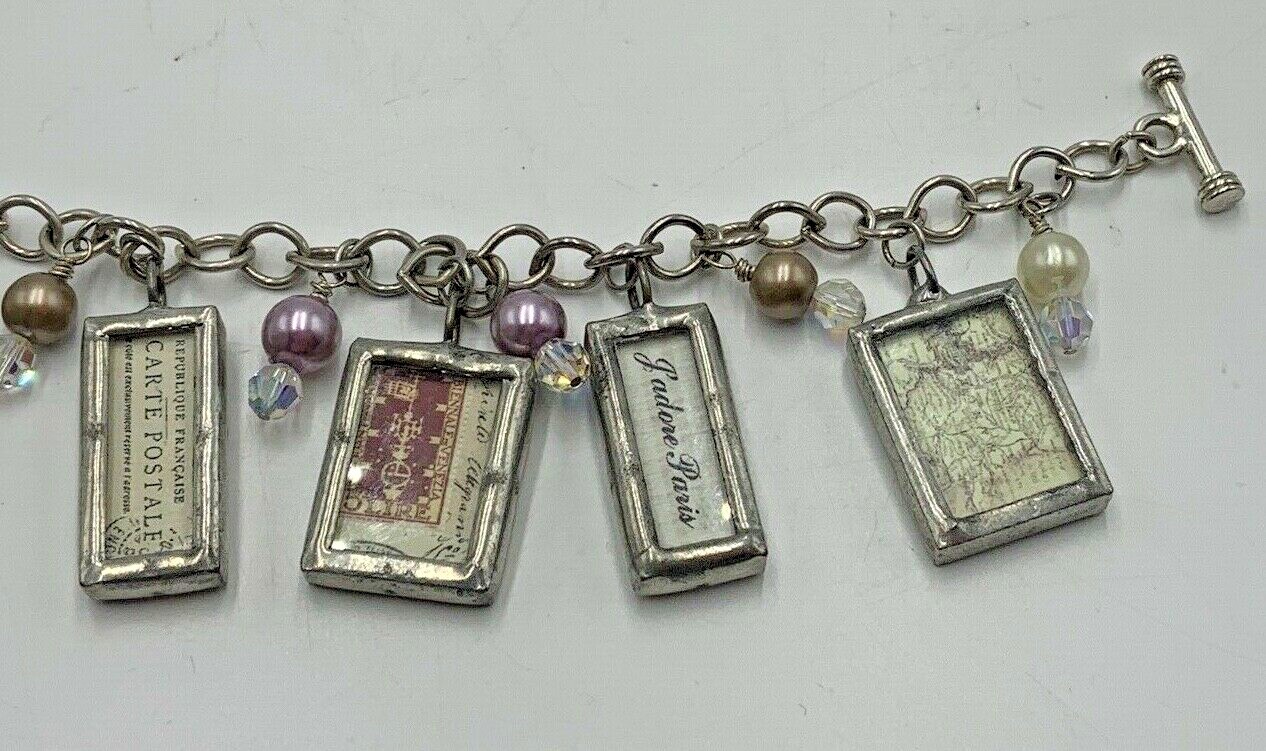 Charm Bracelet J’adore Paris Picture Frames Eiffel Tower France Beads Toggle