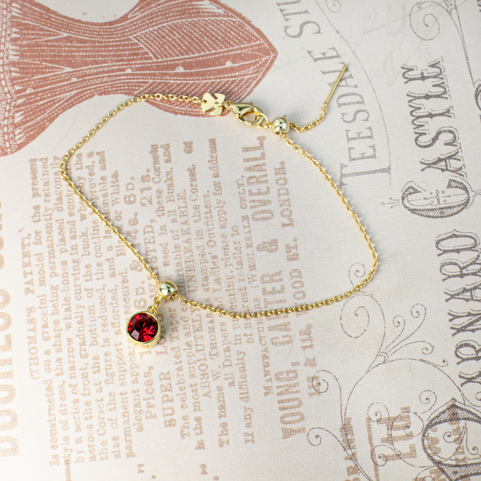 July Birthstone Bracelet, Red Bohemian Crystal, Gold or Silver Adjustable Chain