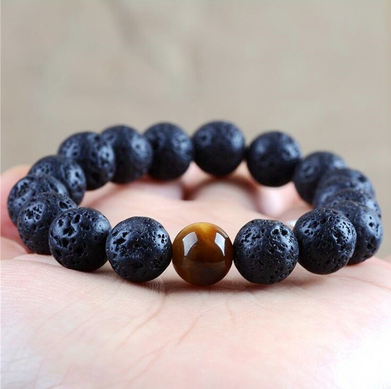 Natural Lava Stone Tiger Eye Lava Beaded Healing Energy Wrist Bracelet Men Women