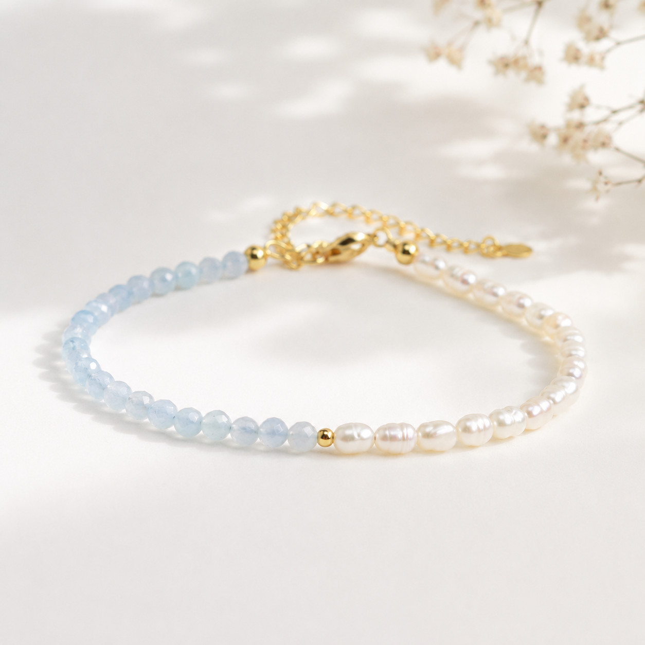 Dainty Aquamarine & Pearl Bracelet March Birthstone Gift for Her Handmade