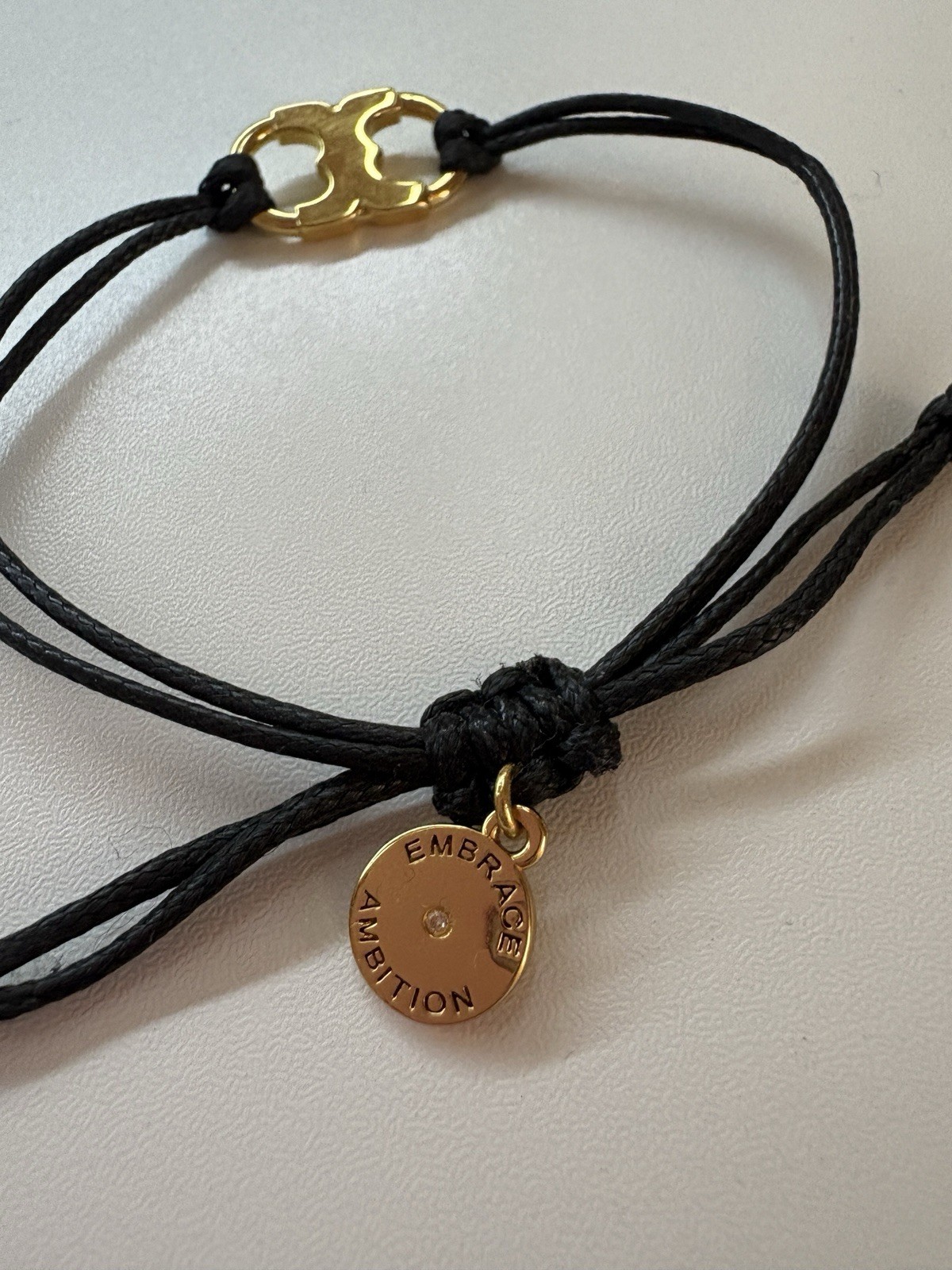 Tory Burch Black Cord Adjustable Slide Bracelet Gold Tone Dangle Charm Signed