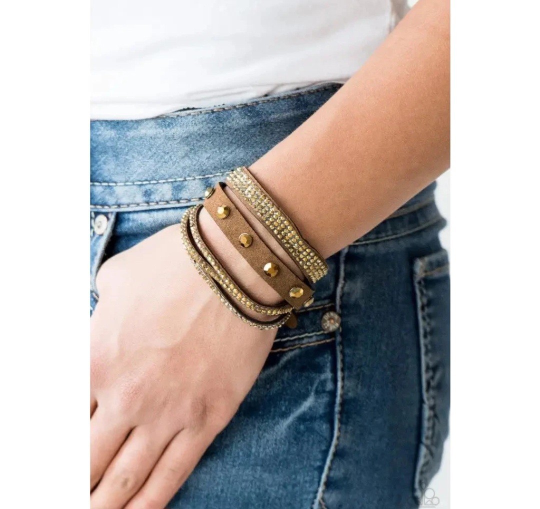 3 Adjustable Faux Leather Wrap Bracelet w/ Clear Crystal Rhinestone Studs