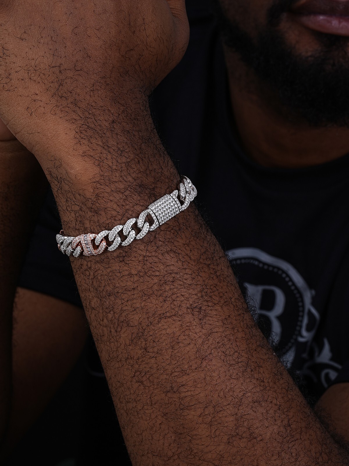 Solid 925 Silver Rose Gold Plated Men Cuban Iced Gucci Link Bracelet Baguette CZ