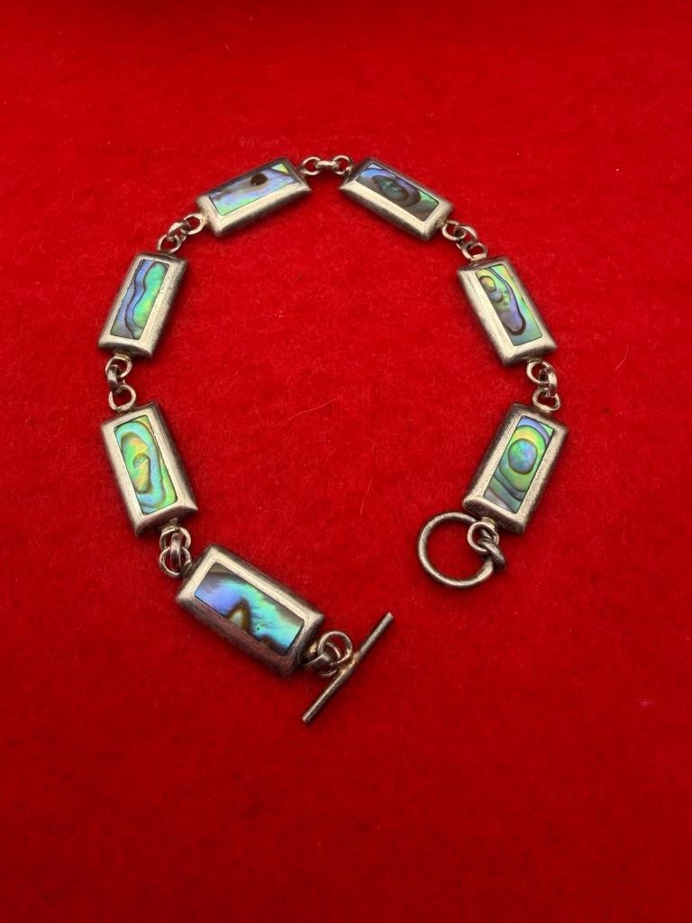 Vintage Sterling Silver Mexico Hallmark Abalone Link Bracelet Vintage 7.5 Length