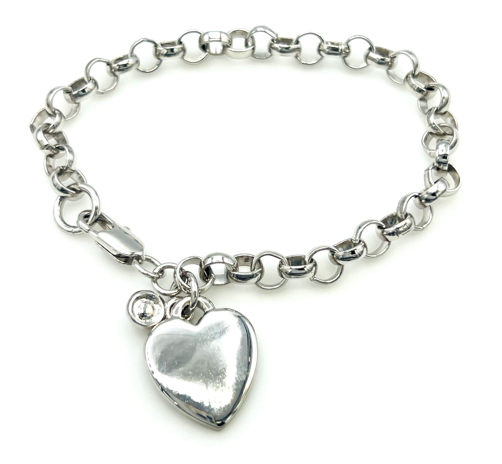 Silver Tone Rolo Chain Heart Charm Bracelet 8 in