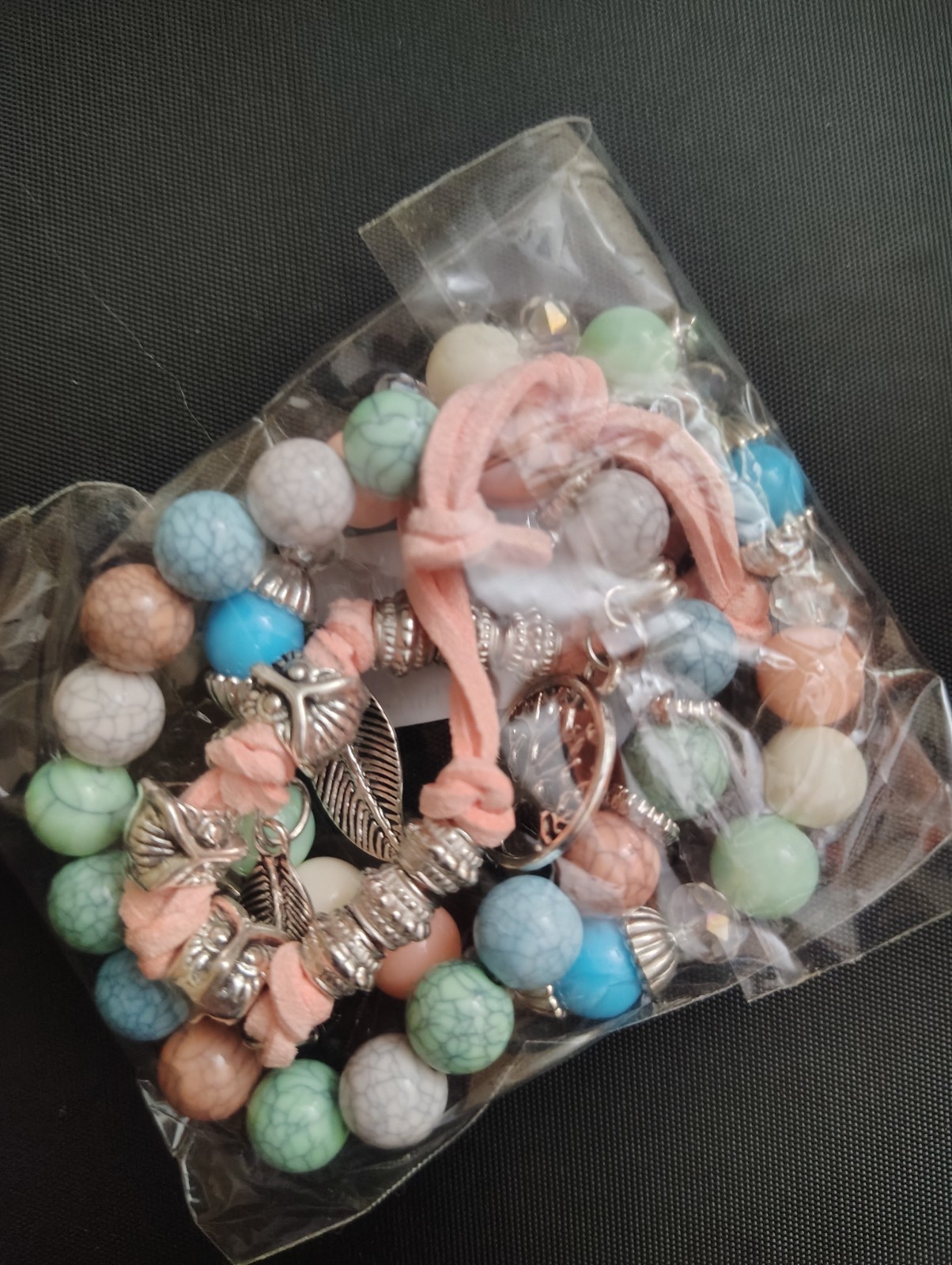 Multicolor Beaded Charm Bracelet Set Tree of Life Leaf Dangle Adjustable