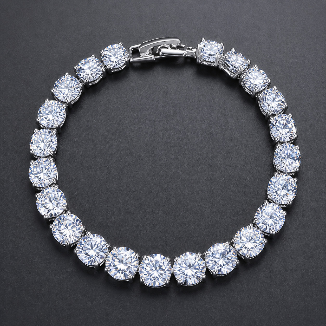 Round Cut CZ Tennis Bracelet Silver Tone Large Cubic Zirconia Bridal Wedding