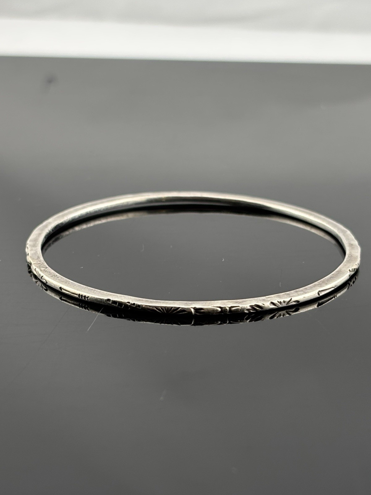 Native American Sterling Silver Bangle Bracelet Signed MW Arrow Sun Stamped Edge