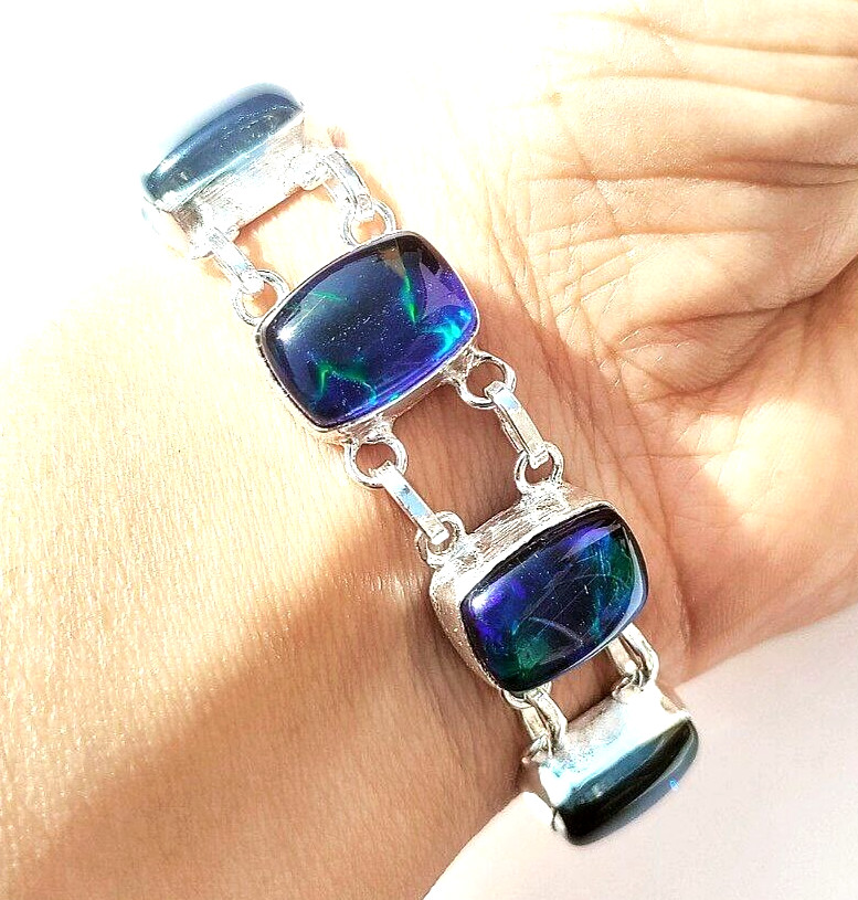 Australian Triplets Opal Gemstone 925 Sterling Silver Handmade Jewelry Bracelet