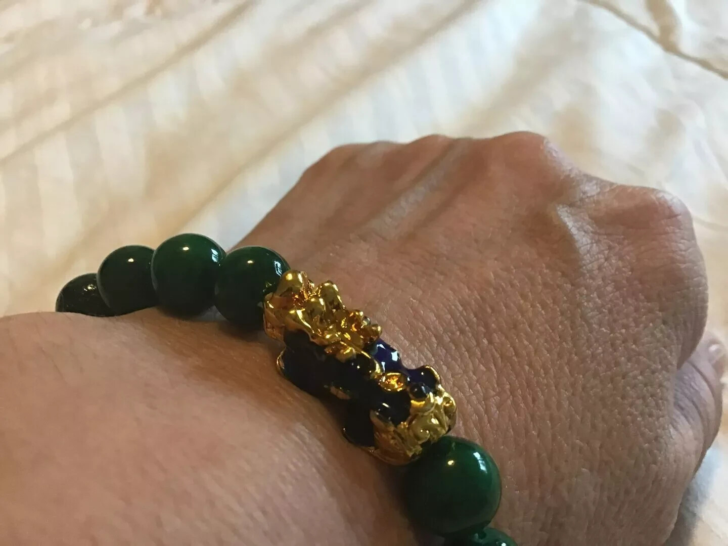 Handmade 8MM Green Jade Beads Pixiu Charm Healing Woman Man Stretch Bracelet