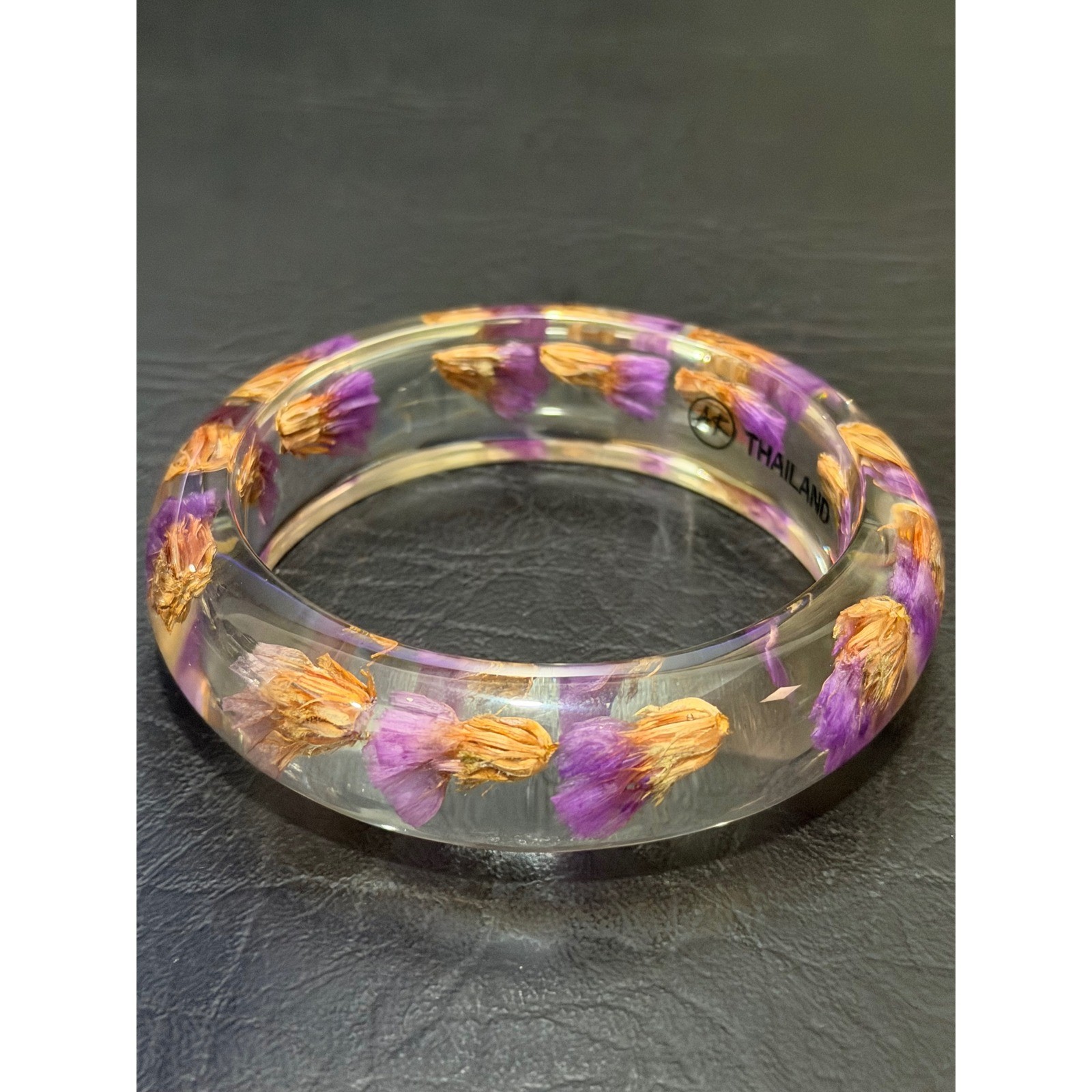 AF Thailand Resin Bangle Purple Golden Brown Real Dried Flower Boho Acrylic 7.5