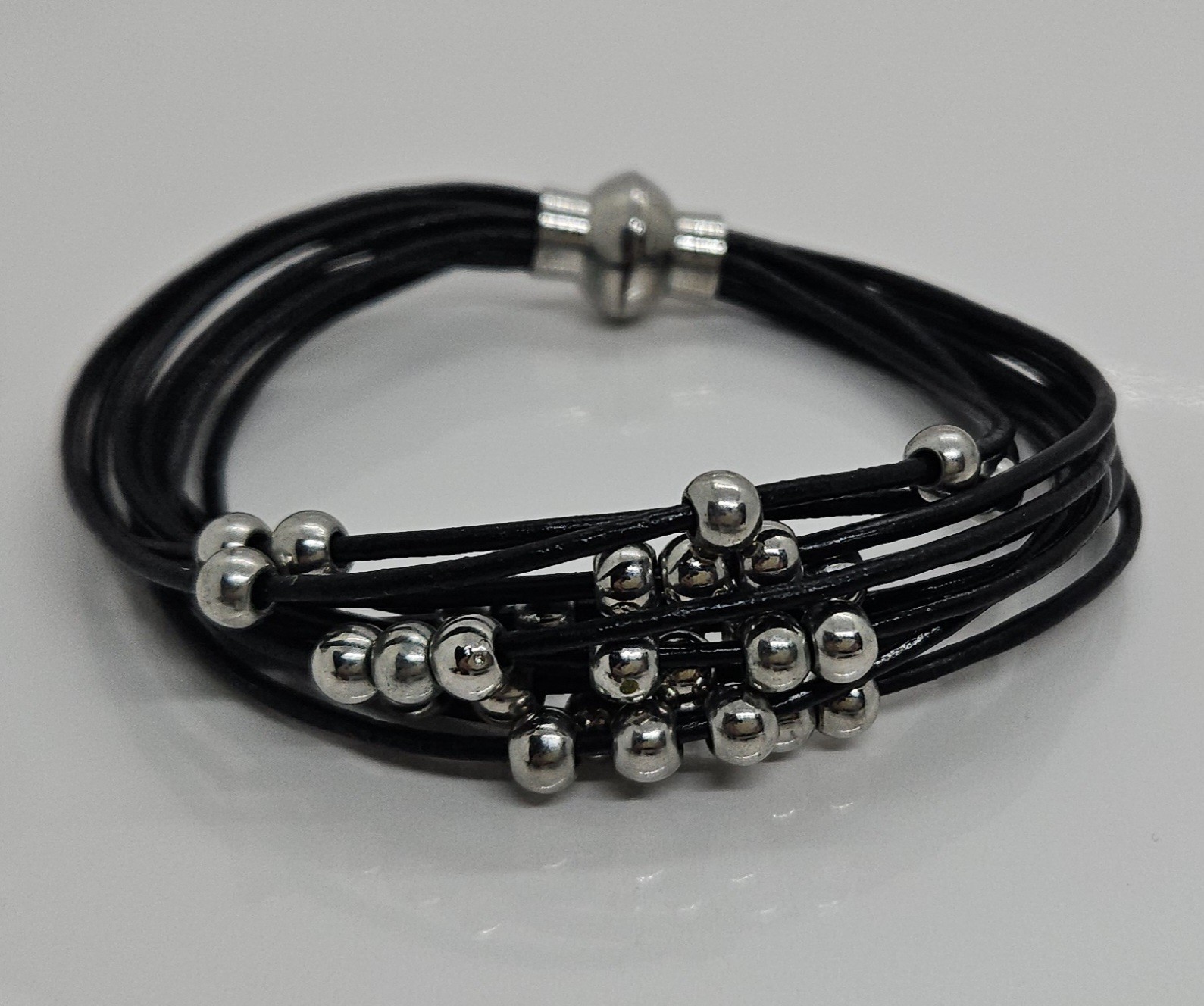 Black Multi-Cord Bracelet Silver Tone Metal Bead Design 6.5″