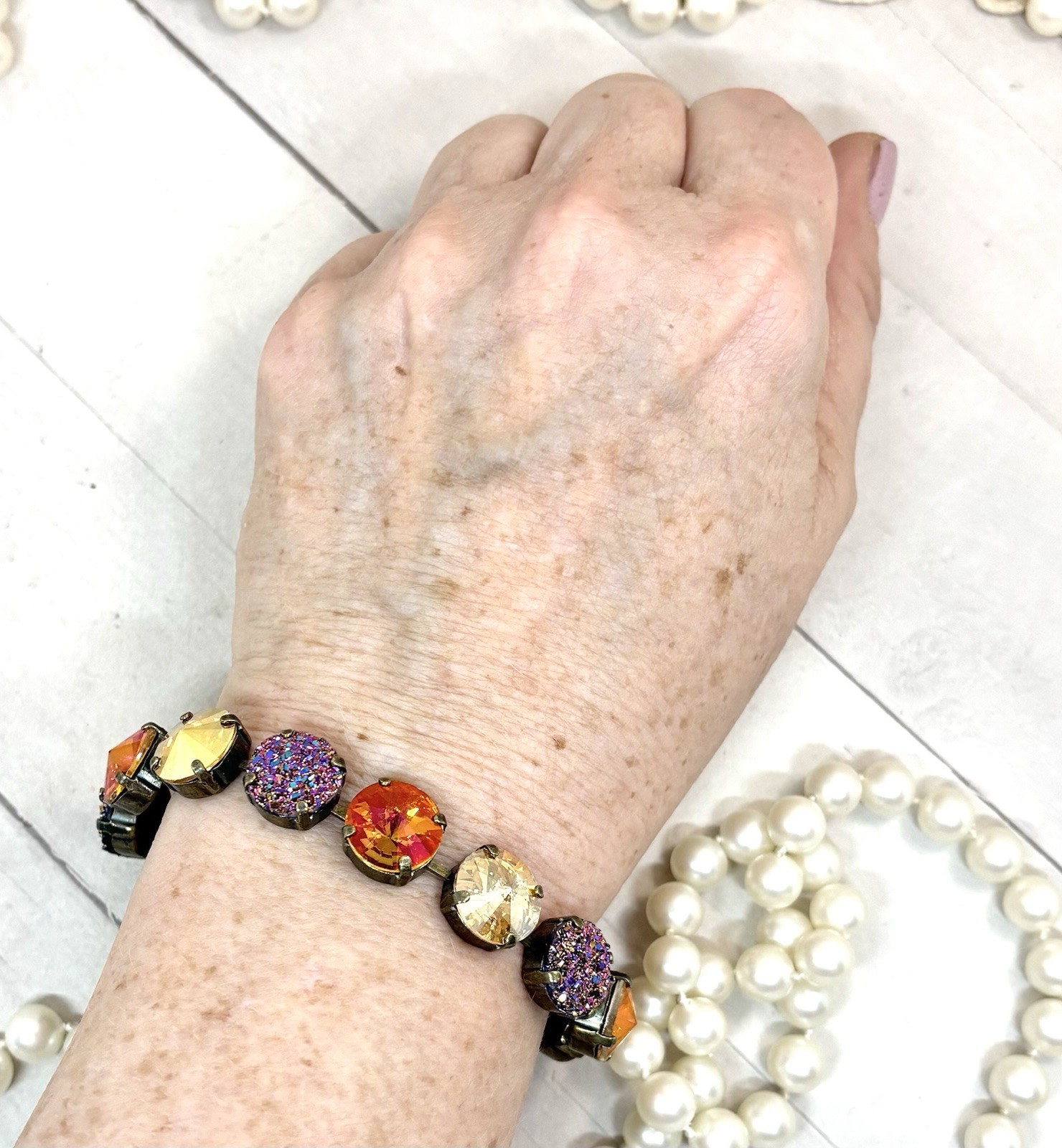 Brass Plated Orange Glitter Cup Chain Bracelet made with Metallic Gold Crystals