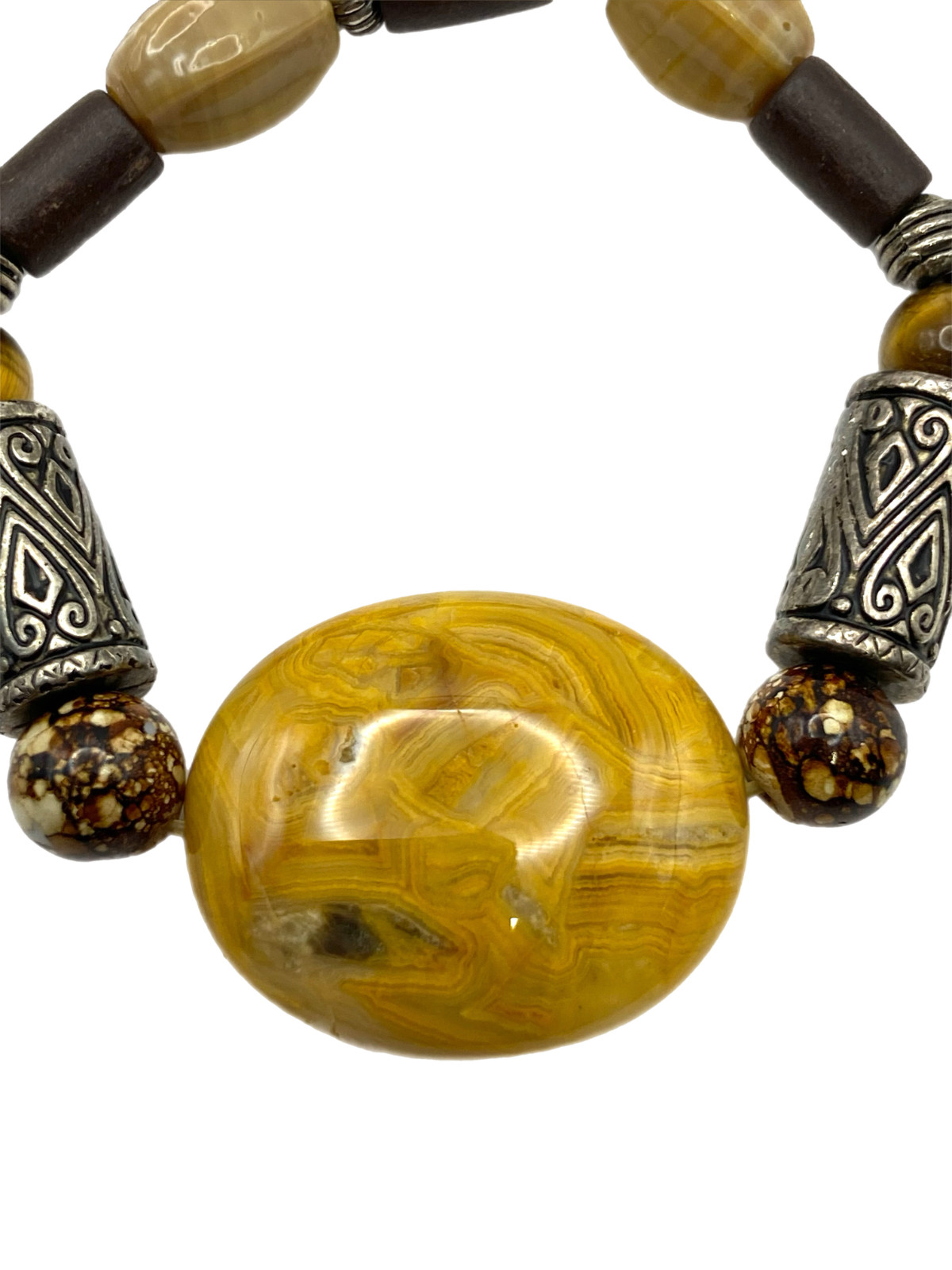 Tan Brown Orange Agate Tigers Eye Glass Stretch Bracelet Wood Beaded Silver Tone