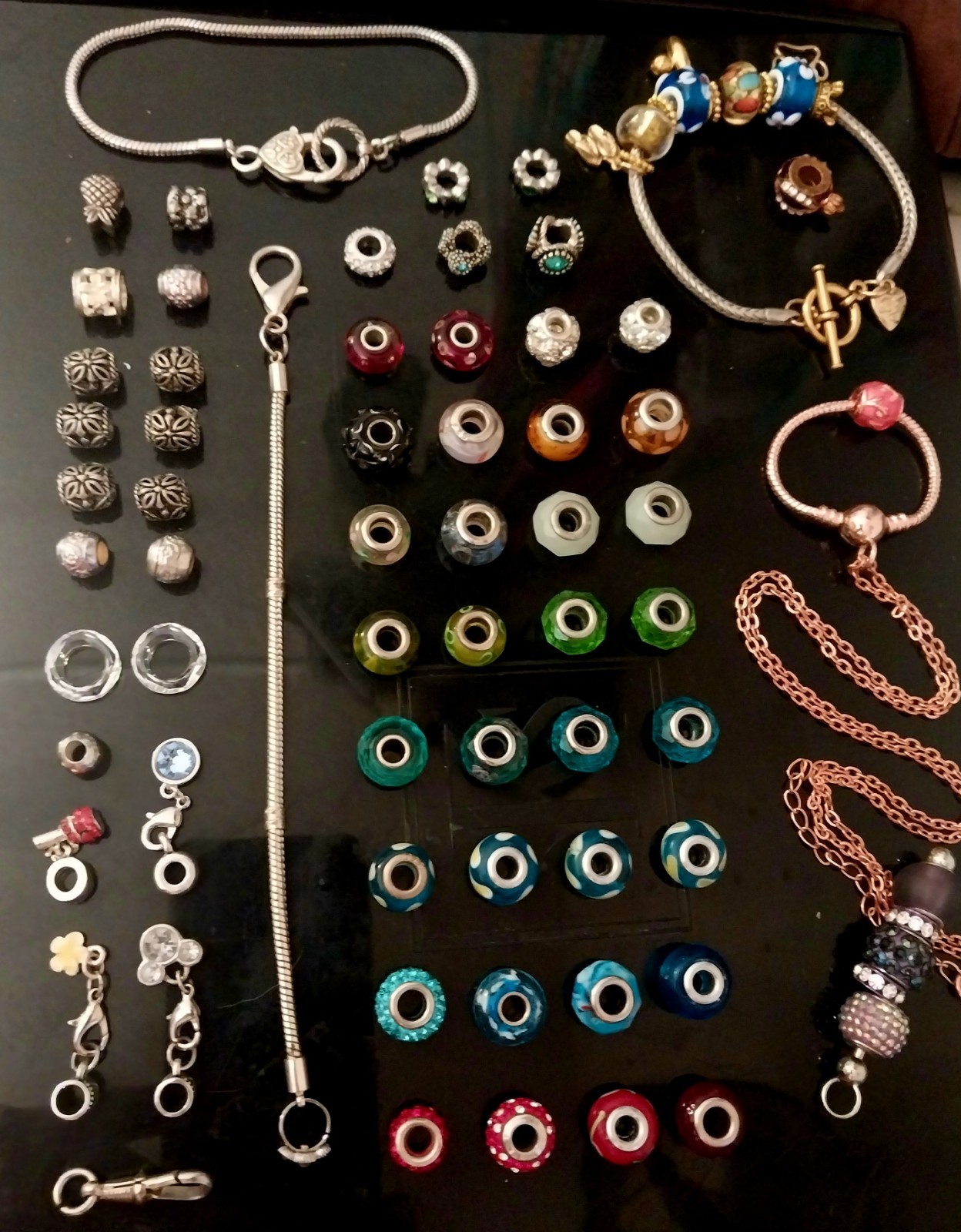 Glass Slide Bead Charms and 3 Bracelets Lot of 75 pcs 925 Murano & Dangle Charms