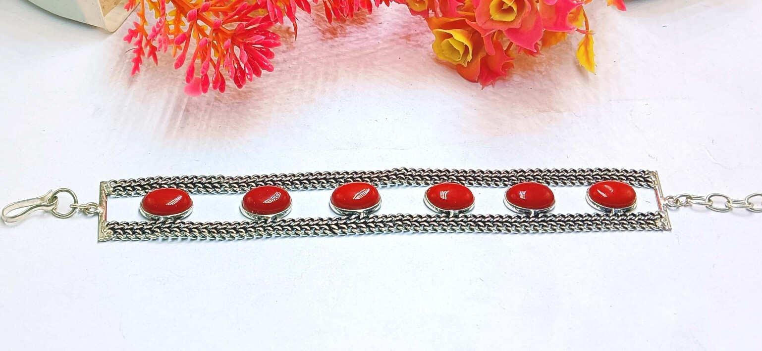Boho Red Coral Gemstone 925 Sterling Silver Plated Adjustable Bracelet Jewelry