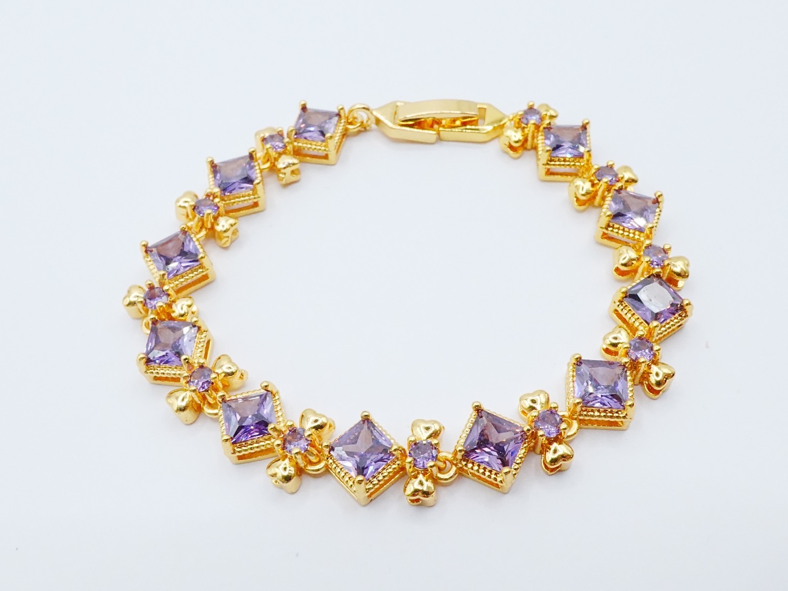 Bracelet Beautiful Purple Gemstone 24K Yellow Gold Plated 6″ Women Jewelry