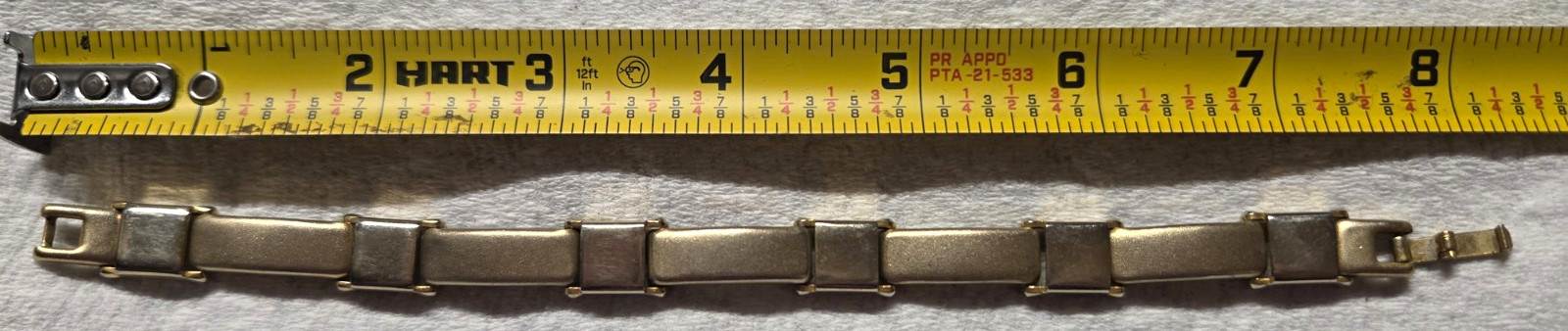 Gold Tone Metal Bar Curved Link Chain Bracelet, Fold Over Clasp, 8 in, No Stone