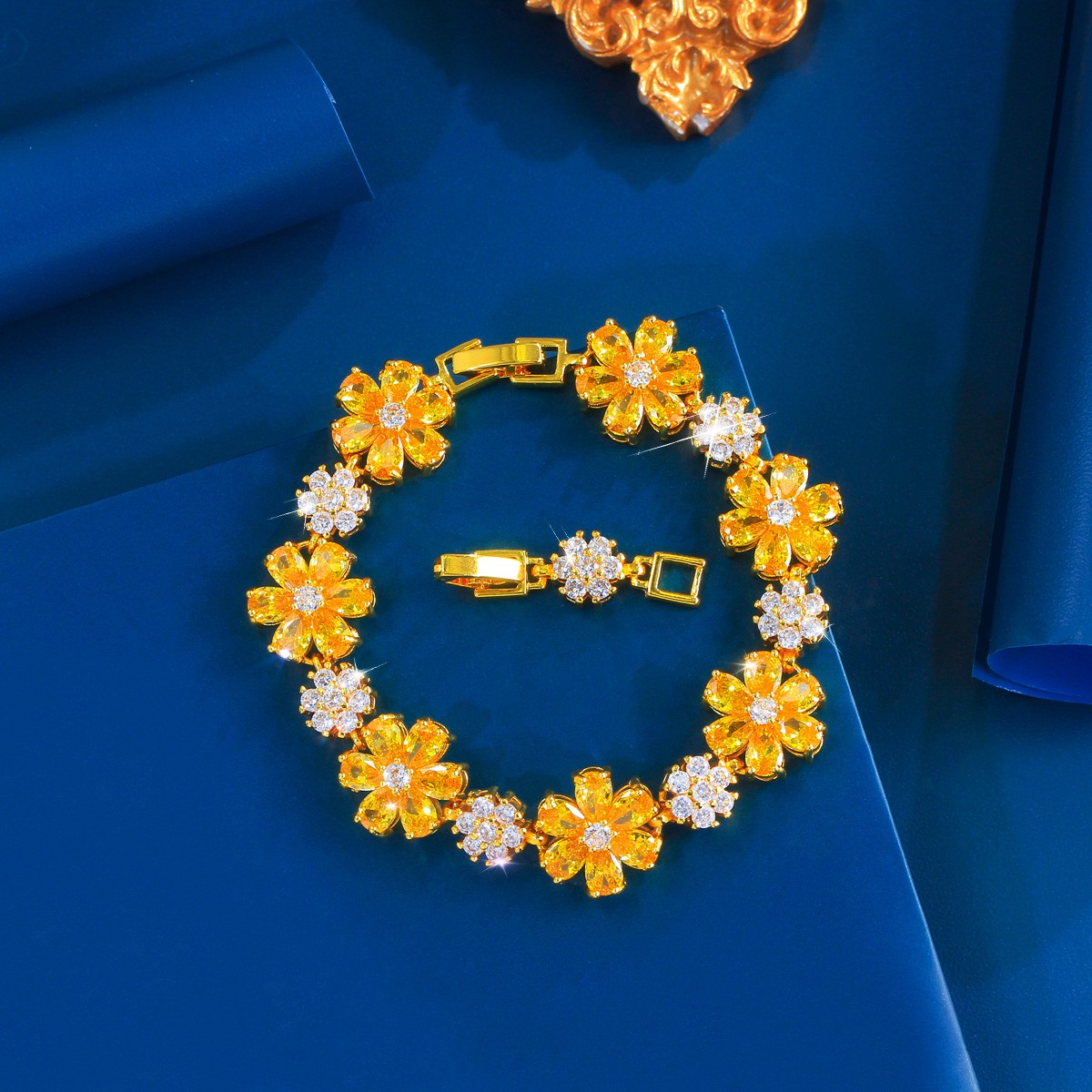 Sparkly Yellow Gold Plated Cubic Zirconia Flower Tennis Bracelet for Women Party