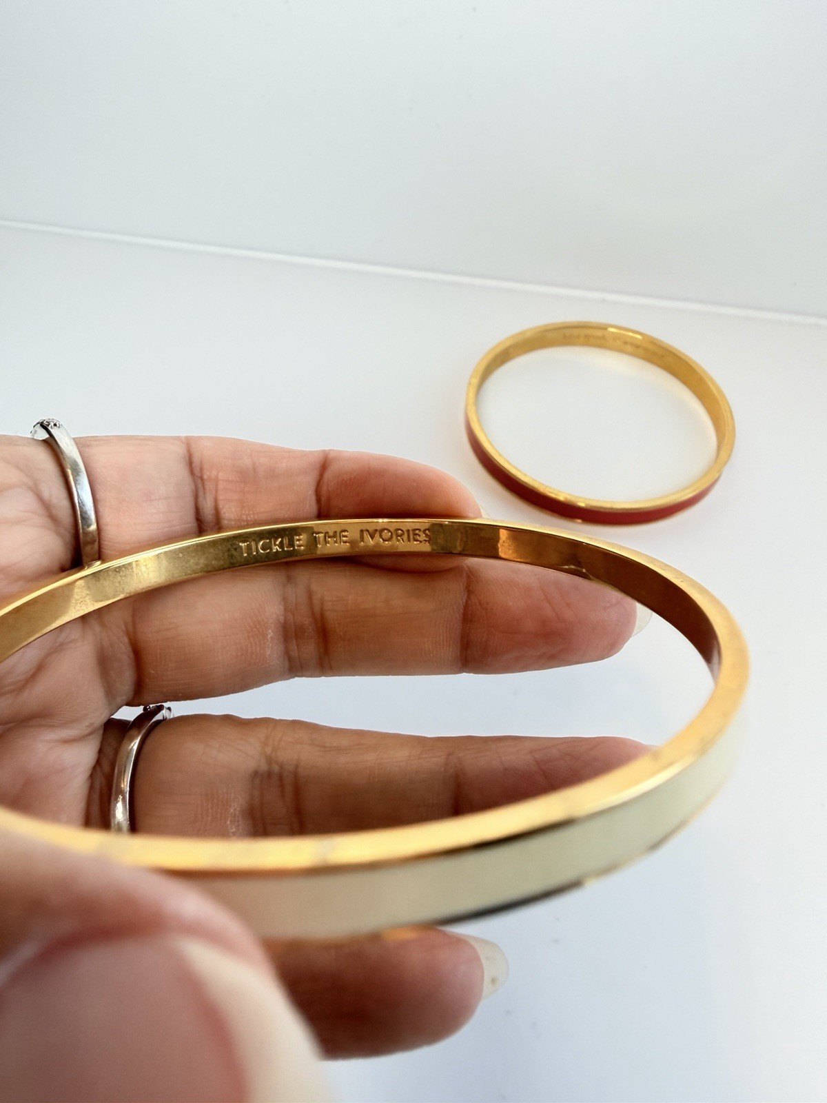 Kate Spade New York Bangle Bracelet Set Red & Cream Enamel Gold Tone Set of 2