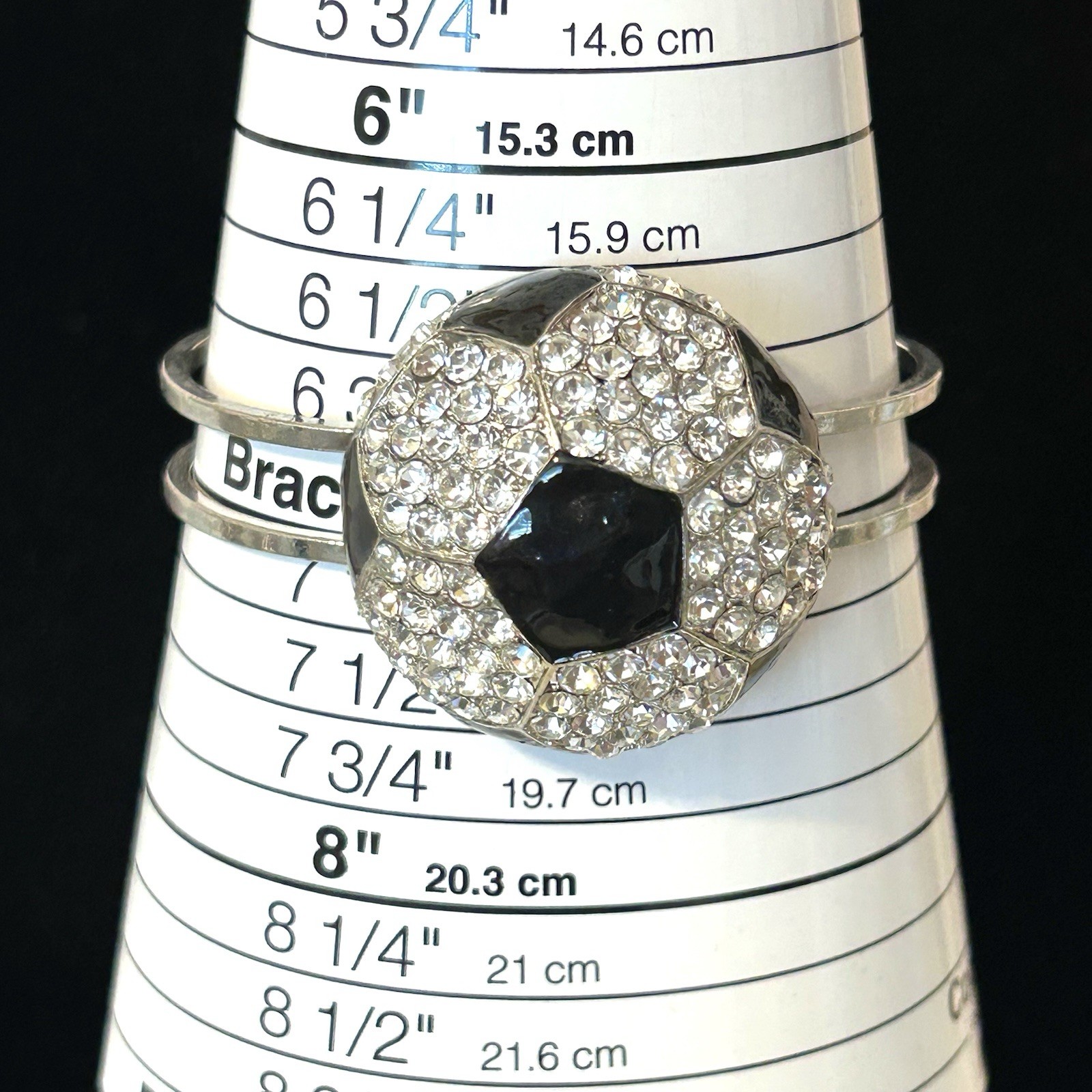 Rhinestone Soccer Ball Bracelet Hinged Cuff Silver Tone Sports Mom Bling