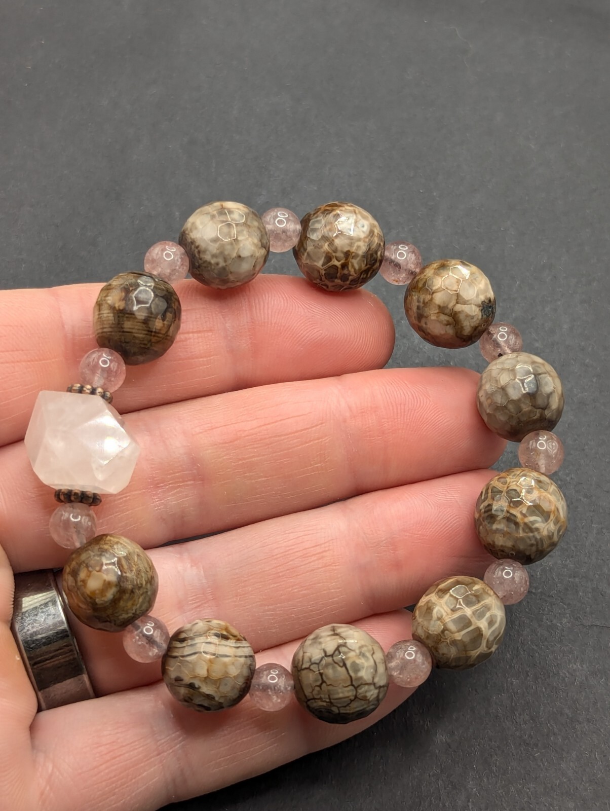 Matte Quartz 8mm, Gold Toned Beaded Stretch Bracelet (18cm) Medium Wrist