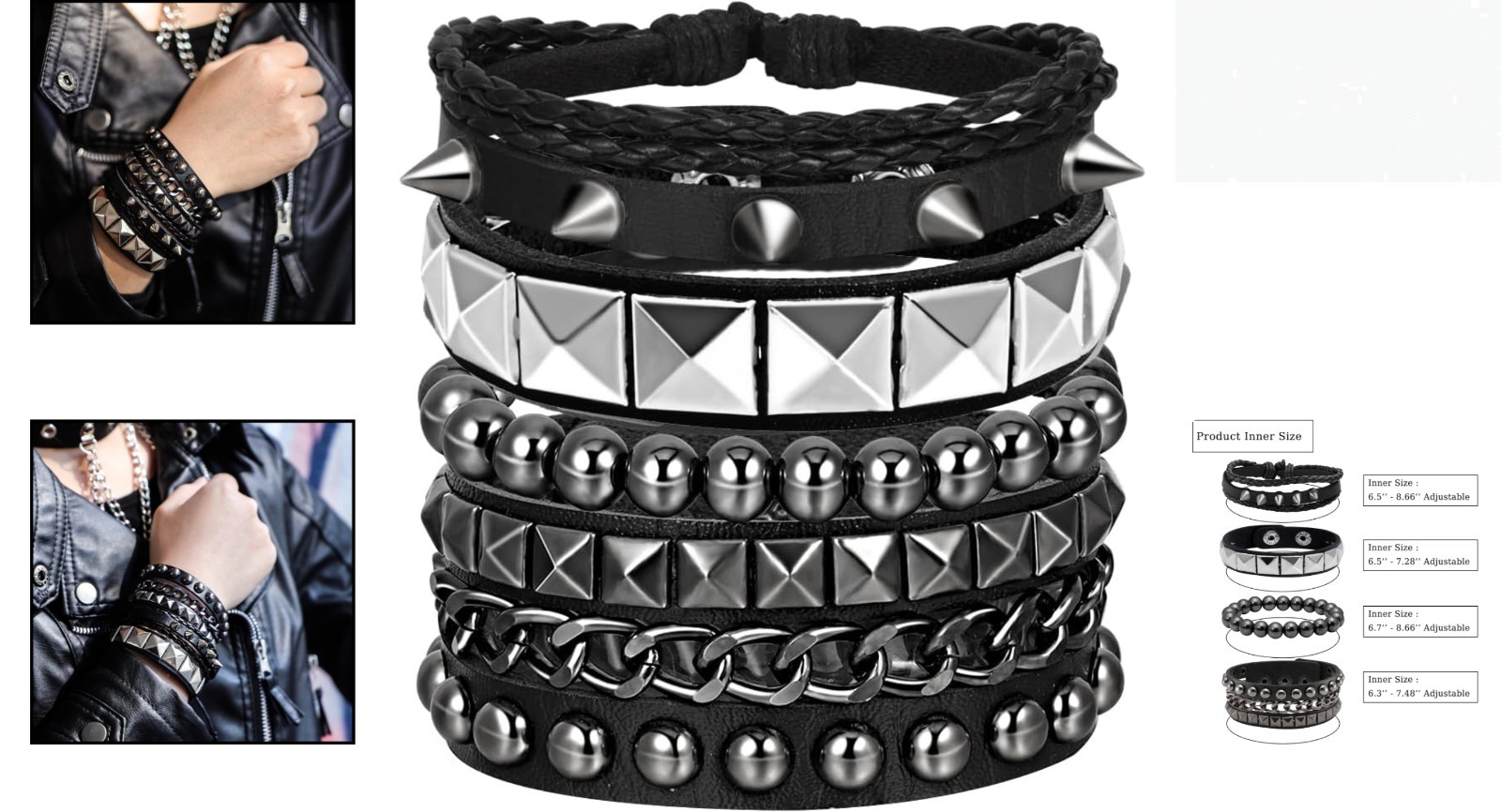 6 Pcs Adjustable Black Leather Punk Rock Wristbands for Men & Women
