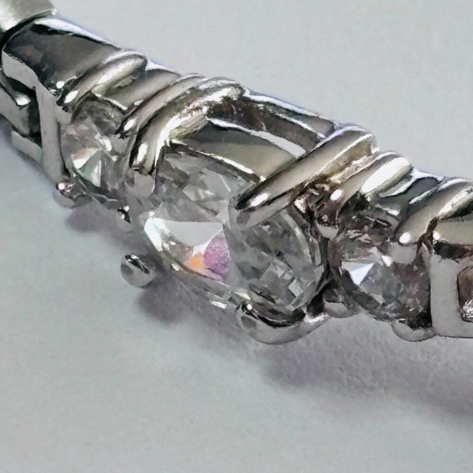 Silver Tone Oval & Round CZ Link Bracelet 7” Box Clasp Sparkle