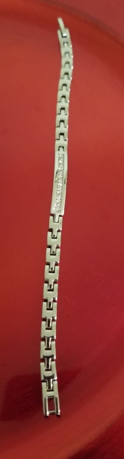 Unisex ID-Style Link Bracelet With A Central Bar Set In Cubic Zirconia Stones