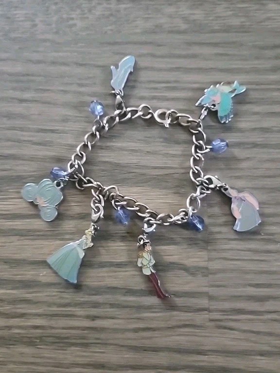 Cinderella 6 Charms Bracelet Vtg Silver Tone Disney Princess Slipper Dress Coach