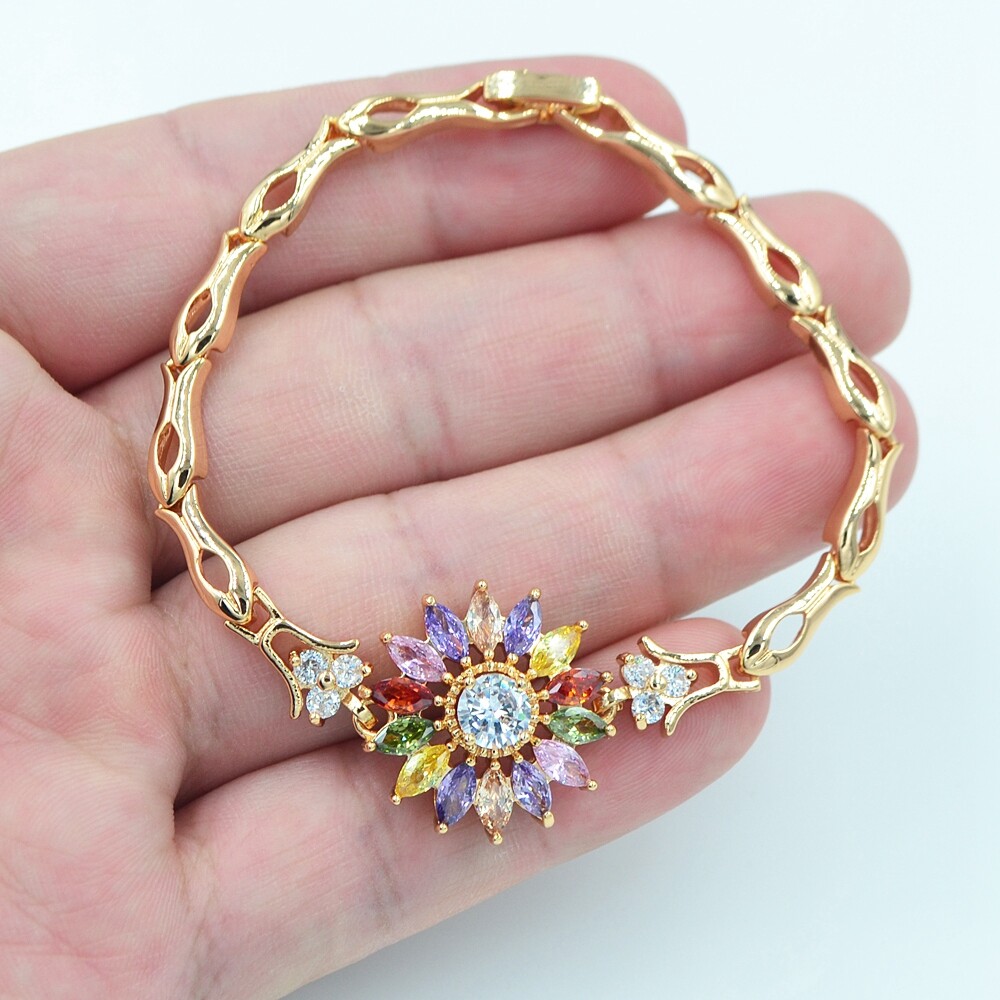 18K Yellow Gold Filled Women Multicolor Topaz Sunflower Charm Bracelet Jewelry