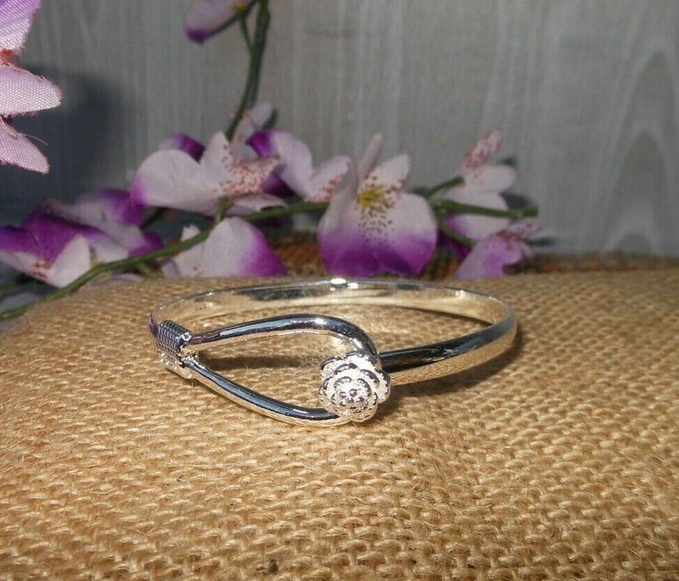 ROSE BANGLE CLAMPER STYLE BRACELET ~ 925 SILVER PLATED ~ NEW ~ FAST SHIPPING