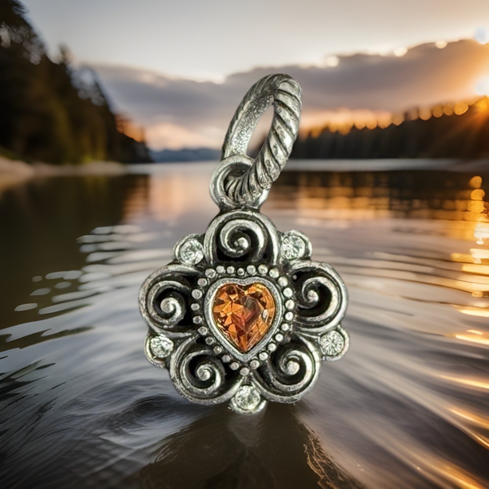 Brighton Charm Amber Brown Crystal Heart Silver Pendant NWOT