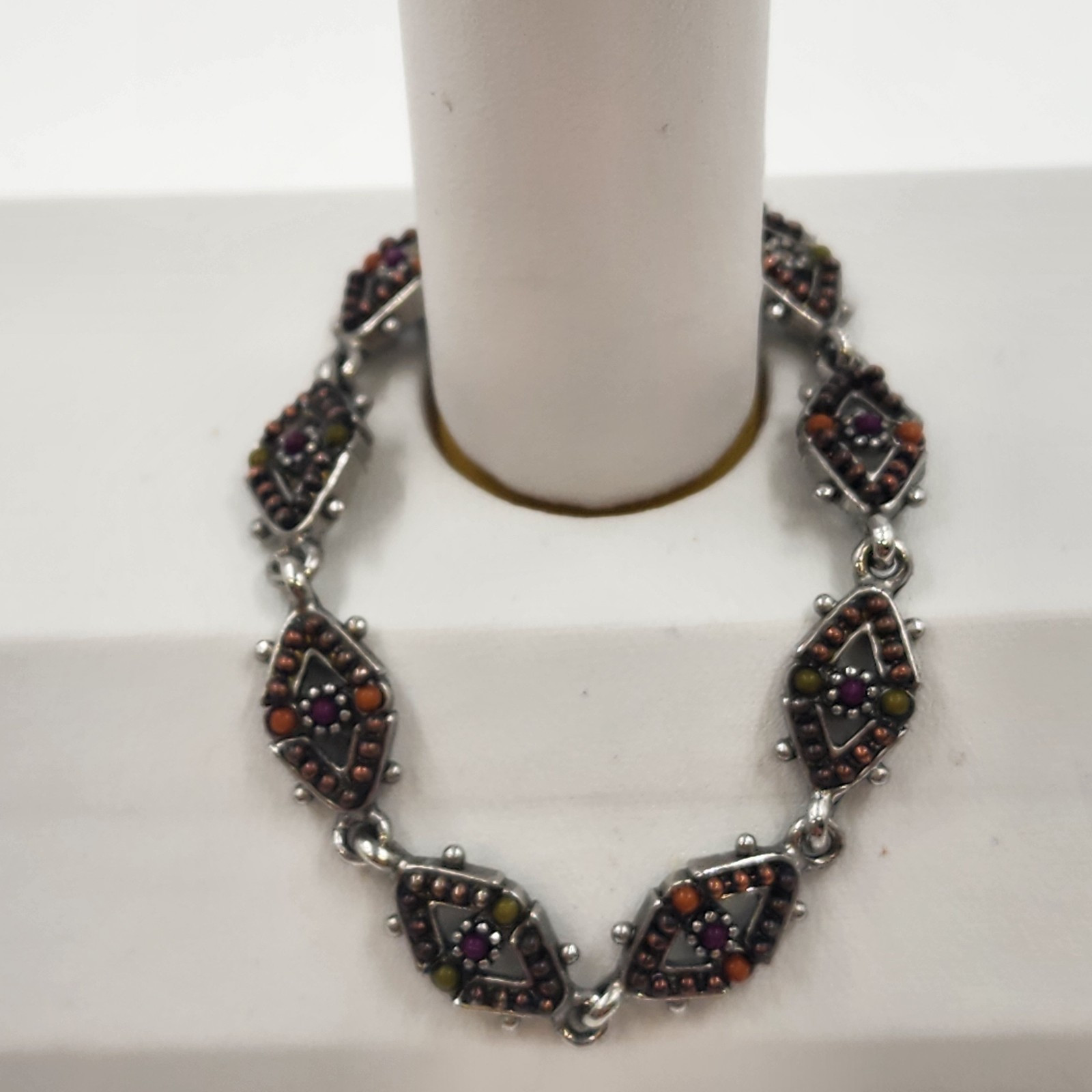 Silver Tone Bracelet Orange Brown Beaded Quartz Diamond Chain Magnetic 7″