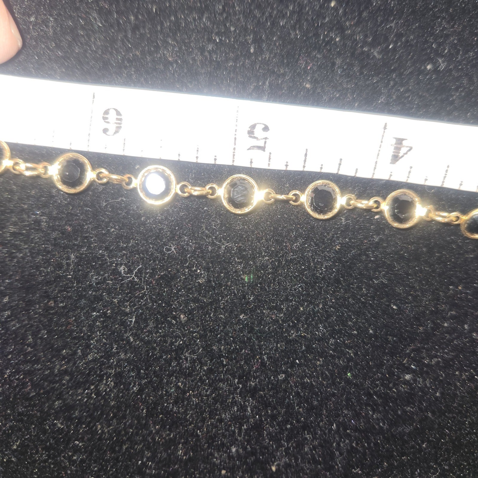 Gold Tone Bezel Set Round Black Glass Link Bracelet 6.5 Inch
