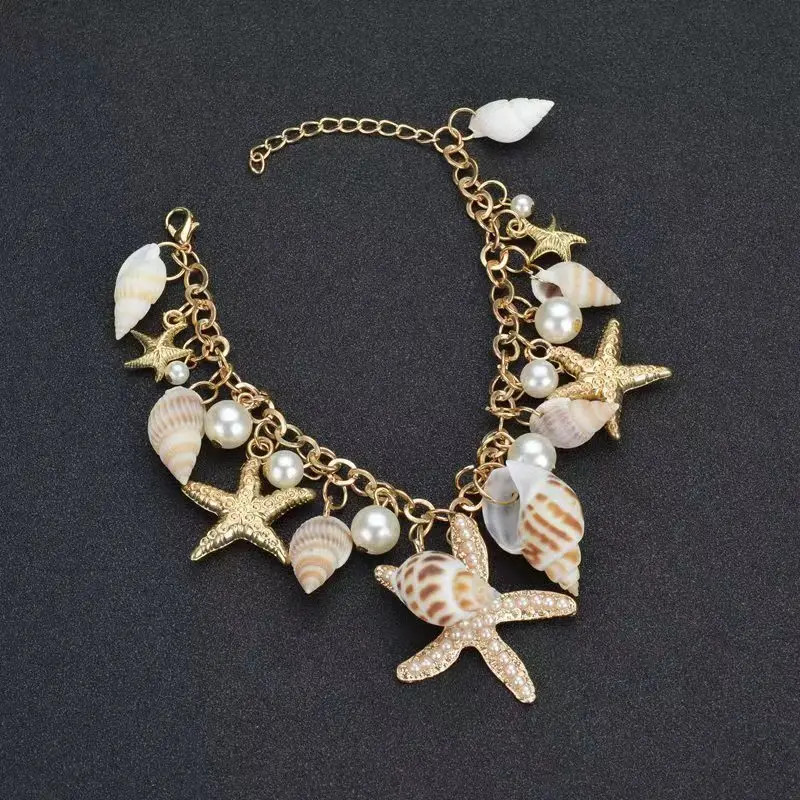 Gold Color Metal Starfish Conch Charm Women Bracelet Imitation Pearl Natural