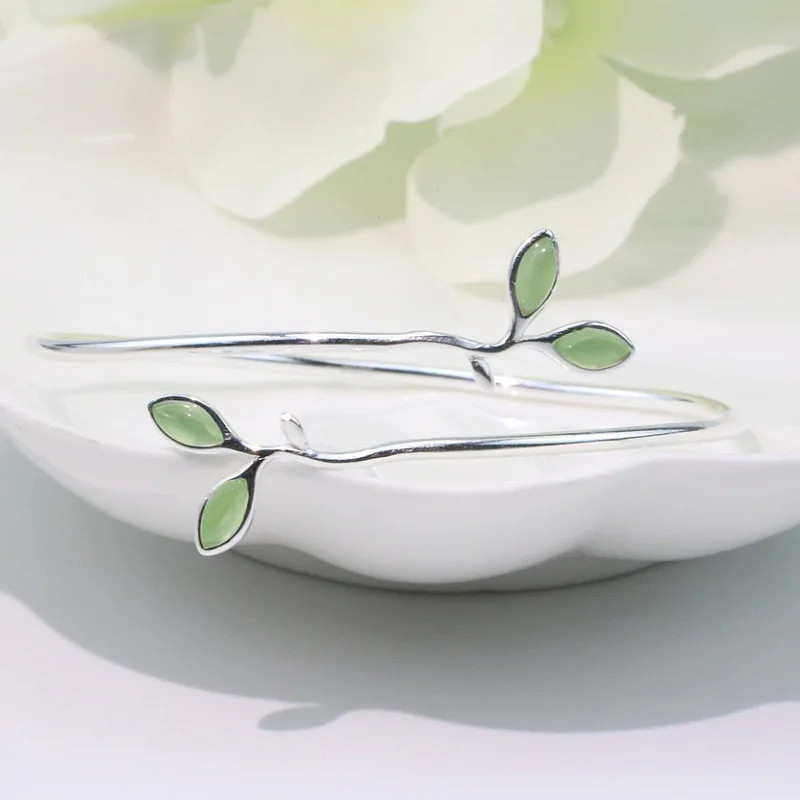 925 Sterling Silver Bracelet Green Leaf Simple Nature Elegant Women’s Bangle
