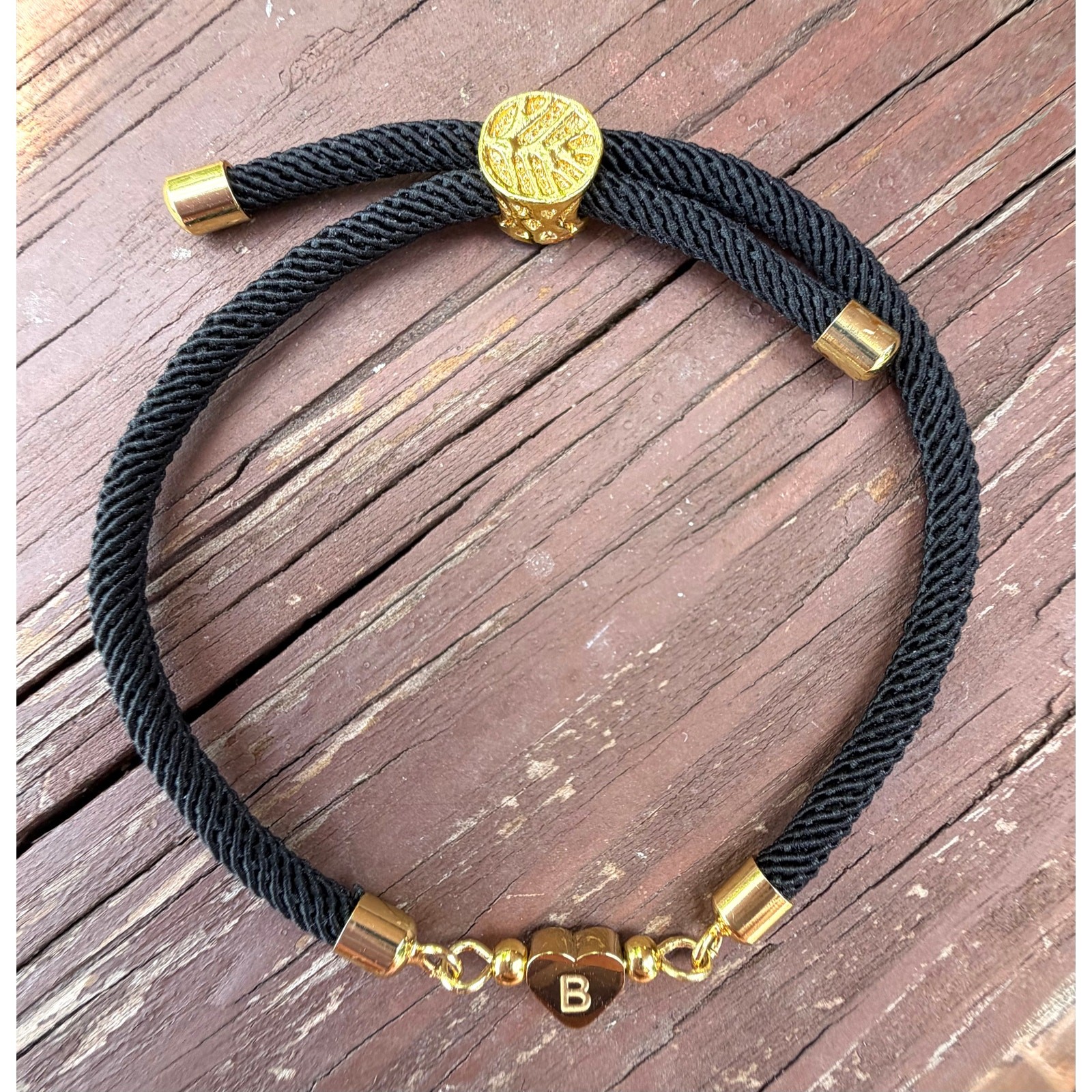 Black Rope Letter “B” Gold Heart Bead Bracelet Women Minimalist Adjustable