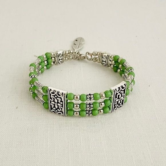 Multilayer Green Beaded Bracelet Bohemian Zinc Alloy w/Feather Charm New