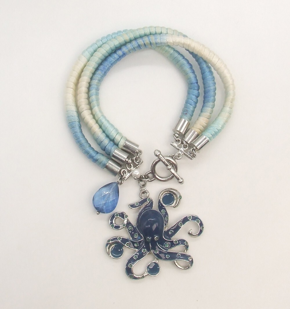 9″ Multi-strand Twisted Silk Blue Ombre Cord & Enamel Octopus Toggle Bracelet