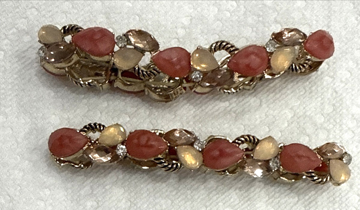 2-Napier Orange Coral Cabochon Gold Tone Tennis Stretch Bracelets Signed VTG 7″