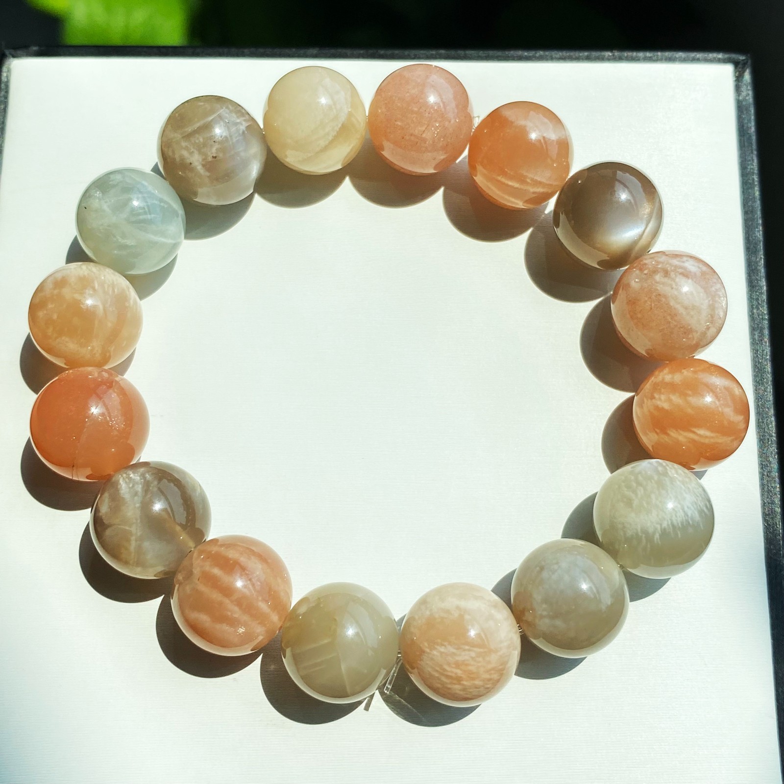 12.8mm Natural Color Moonstone Sunstone Strong Light Crystal Beads Bracelet 016