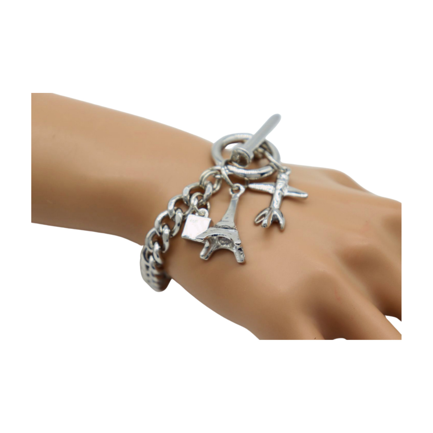 Women Silver Metal Chain Links Wrist Bracelet Airplane Eifel Tower Charms France